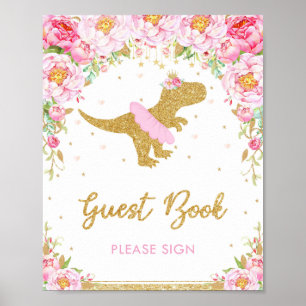 Affiche Floral Dinosaur Anniversaire Fête T-Rex livre d'hô