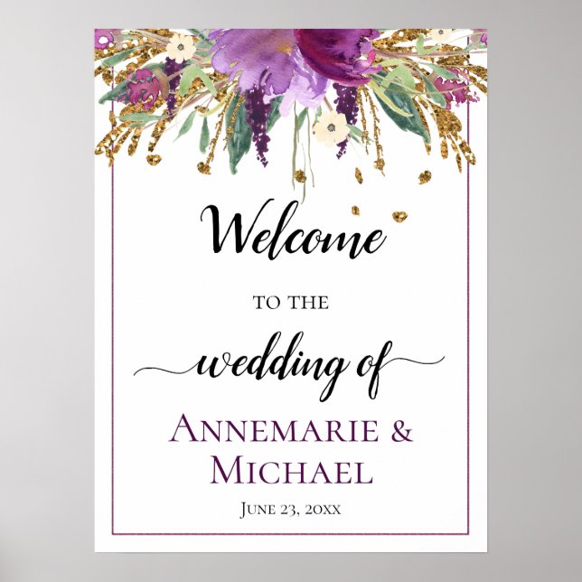 Affiche Floral D'Or Violet 18x24 Bienvenue Au Mariage (Devant)