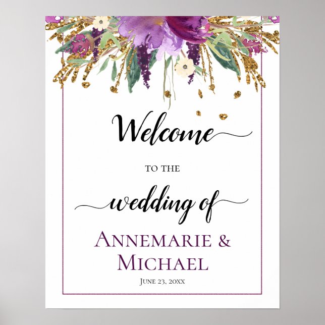 Affiche Floral D'Or Violet Bienvenue Au Mariage De Signe (Devant)