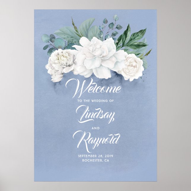 Affiche Floral Dusty Blue Mariage Bienvenue (Devant)