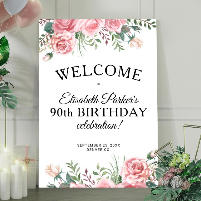 Affiche Floral elegant 90th birthday party welcome  (Créateur téléchargé)