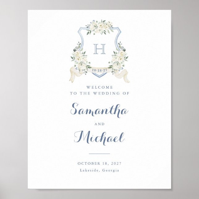 Affiche Floral Elegant Dusty Blue Crest Welcome Sign (Devant)