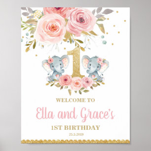 Affiche Floral Elephant Twin Girls 1er anniversaire Bienve