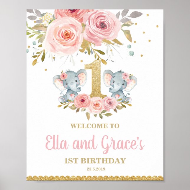 Affiche Floral Elephant Twin Girls 1er anniversaire Bienve (Devant)