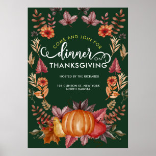 Affiche Floral Emerald Green Thanksgiving Dîner