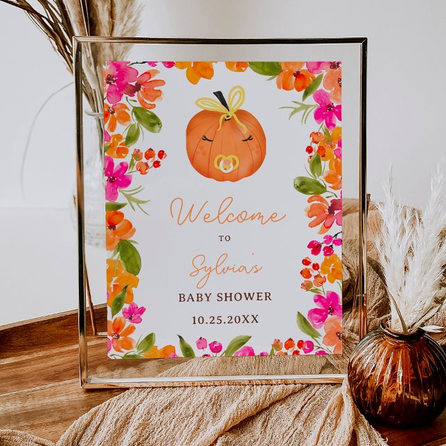 Affiche Floral Fall petit baby shower d'accueil citrouille (Floral Fall little pumpkin welcome baby shower Poster)