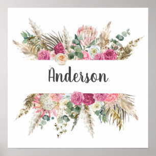 Affiche Floral, Fleurs Monogramme Nom Mariage Don