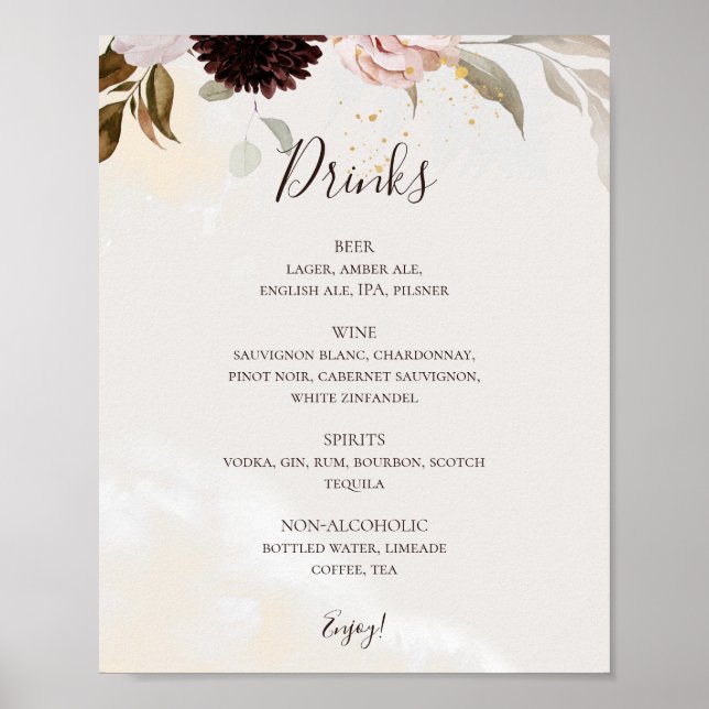 Affiche Floral flush moderne | Menu boissons aquarelle (Devant)
