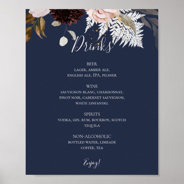 Affiche Floral flush moderne | Menu Boissons pour Mariages (Devant)