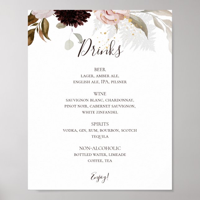 Affiche Floral flush moderne | Menu des boissons Mariages (Devant)