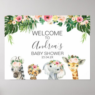 Affiche Floral Foliage Safari Animaux Baby shower Bienvenu