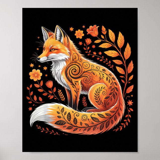 Affiche Floral Fox Flowers Art Fox In Autumn - Fall Fox  (Devant)