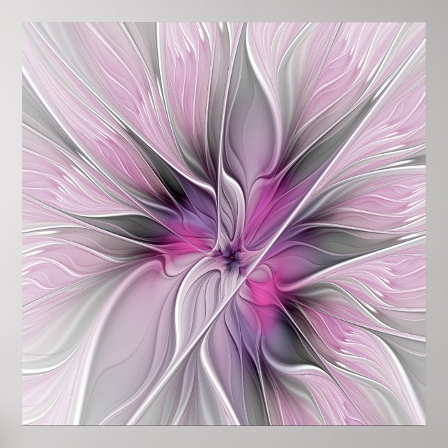 Affiche Floral Fractal moderne Fleur Abstraite rose gris (Devant)