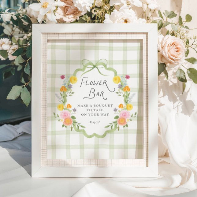 Affiche Floral Frame Green Gingham Baby Shower Flower Bar (Créateur téléchargé)