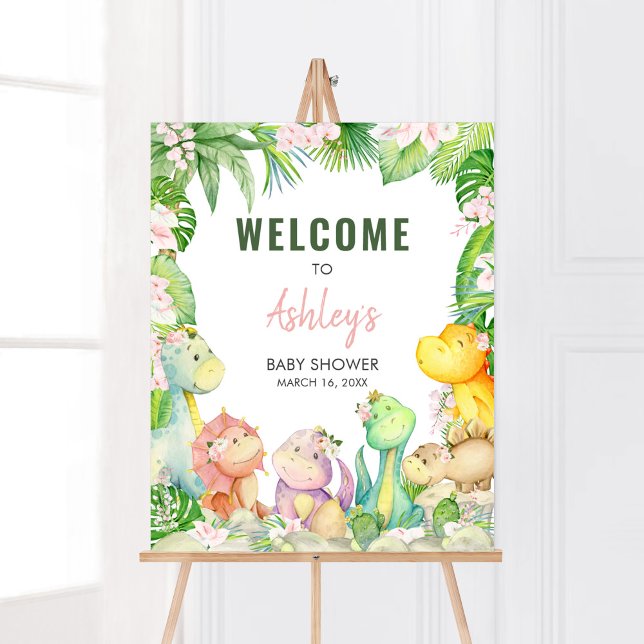 Affiche Floral Girl Dinosaur Baby shower Bienvenue (Greenery Dinosaur Baby Shower Welcome Sign)
