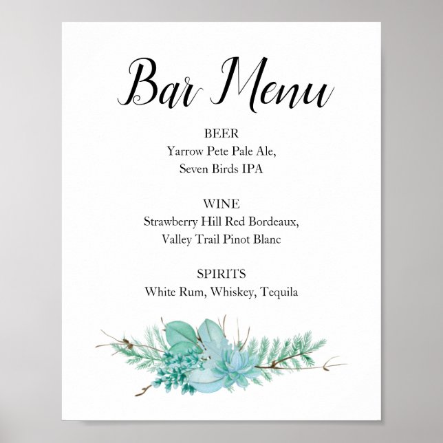 Affiche Floral Greenery Mariage Bar Menu Boire Signal (Devant)