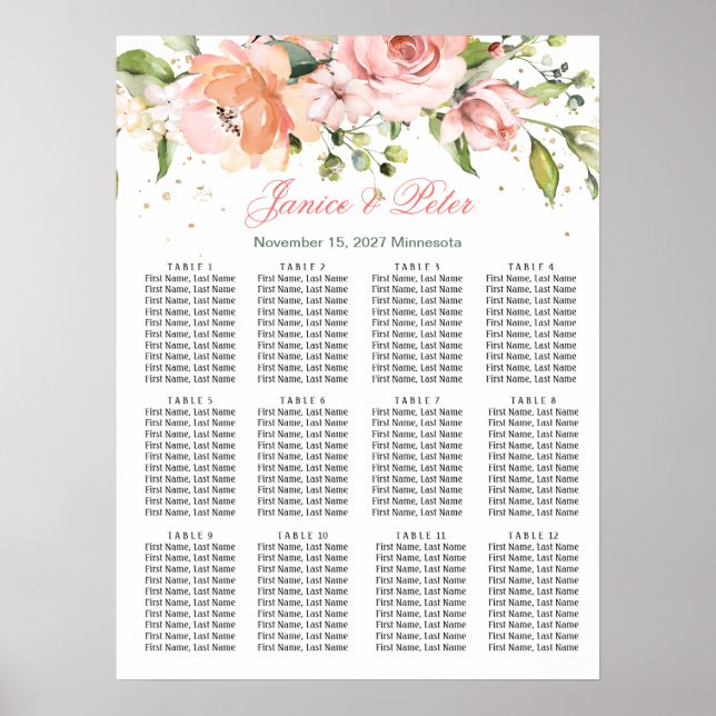 Affiche Floral, greenery Wedding 12 Tables Seating Chart (Devant)