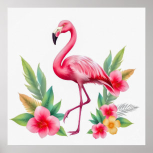 Affiche Floral Hawaïen Flamant Rose Aquarelle Tropicale