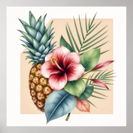 Affiche Floral Hawaii Pineapple & Hibiscus Summer Name