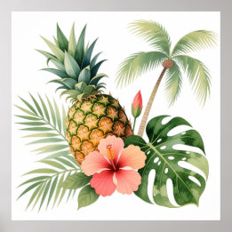 Affiche Floral Hawaii Pineapple & Hibiscus Summer Name