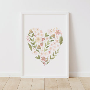 Affiche Floral Heart Pink Neutral Girl Nursery Decor