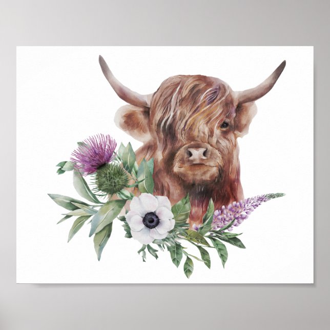 Affiche Floral Highland Cow aquarelle découpage Imprimer (Devant)
