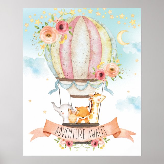 Affiche Floral Hot Air Balloon Animaux Aventure Attend (Devant)