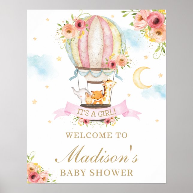 Affiche Floral Hot Air Balloon Baby shower Animaux Bienven (Devant)