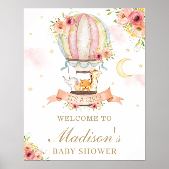 Affiche Floral Hot Air Balloon Baby shower Animaux Bienven (Devant)