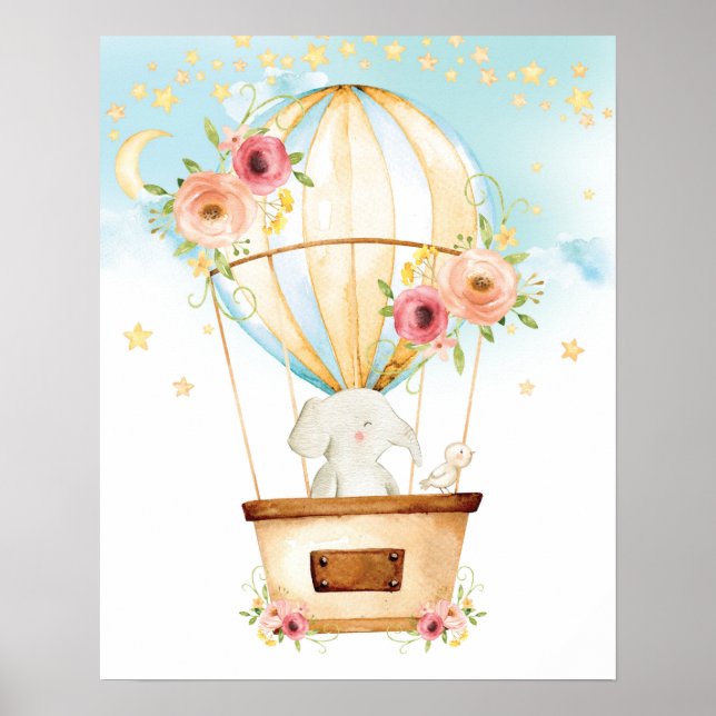 Affiche Floral Hot Air Balloon Elephant Adventure Attend (Devant)