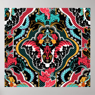 Affiche Floral Indien : Papier peint Vintage sans couleur.