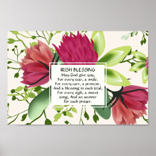 Affiche Floral Irlandais Blessing Rouge Rose Vert Clover