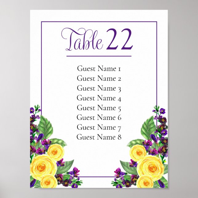 Affiche Floral jaune | Violets Numéro de table Signe de si (Devant)