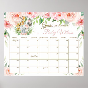 Affiche Floral Jungle Animals Guess Baby's Arrival Game