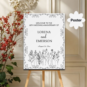 Affiche Floral Line Art 35e anniversaire Mariage Bienvenue