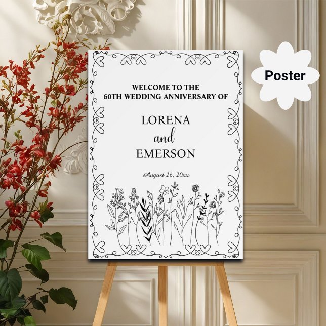 Affiche Floral Line Art 60e anniversaire Mariage Bienvenue (Créateur téléchargé)