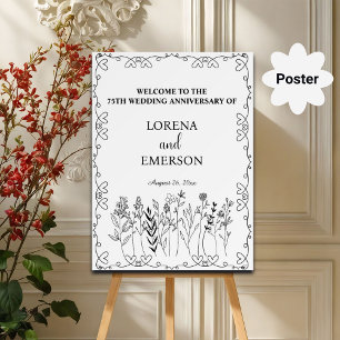 Affiche Floral Line Art 75e anniversaire Mariage Bienvenue