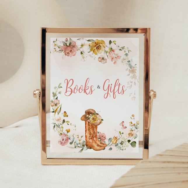Affiche Floral Little Cowgirl Baby showers Livres et cadea (Cowgirl Wild West Baby Shower Books and Gifts Sign)