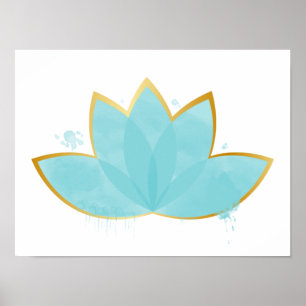 Affiche Floral Lotus Aquarelle Mer Bleu & Faux Or