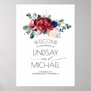 Affiche Floral Marine bleu et Mariage rouge Bourgogne