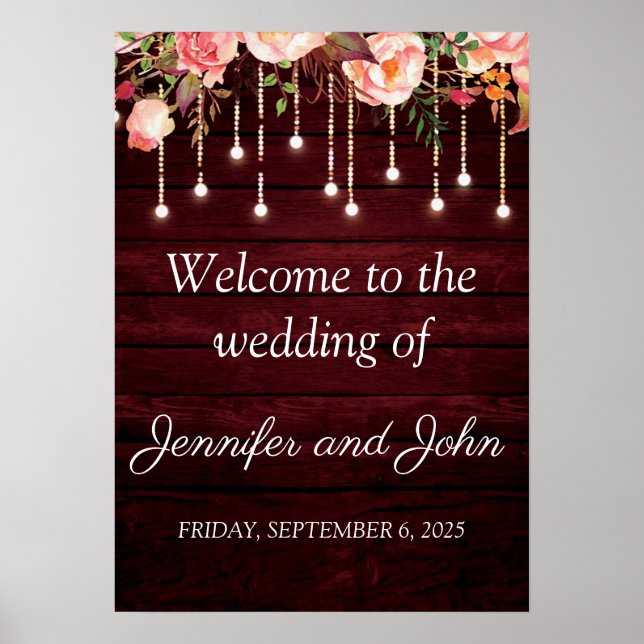 Affiche Floral Maroon Bois Rustique Mariage Bienvenue (Devant)