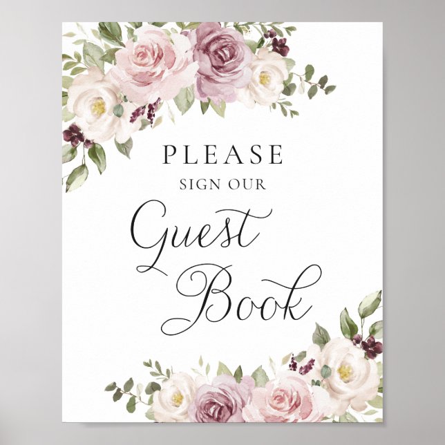 Affiche Floral Mauve Blush Élégant Mariage Livre d'invités (Devant)