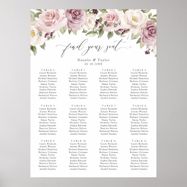 Affiche Floral Mauve Blush Greenery Mariage Seating Chart (Devant)
