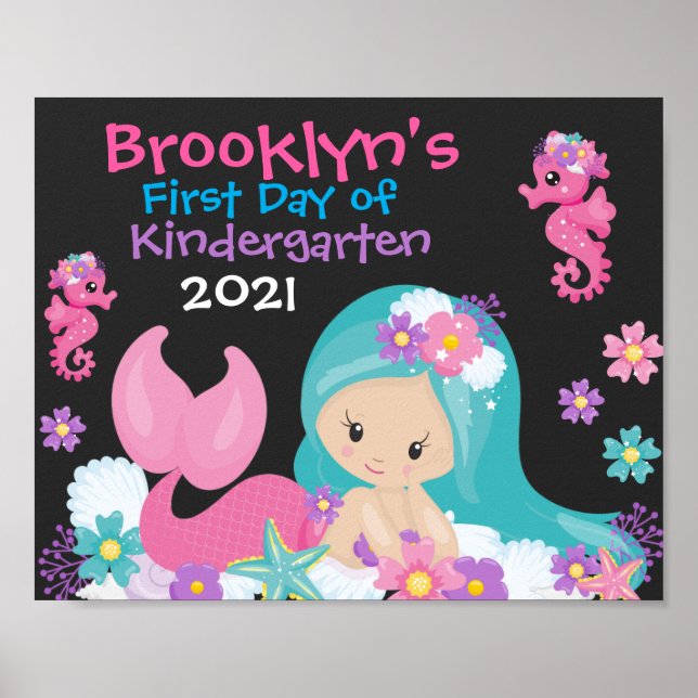 Affiche Floral Mermaid First Day of School Chalkboard (Devant)