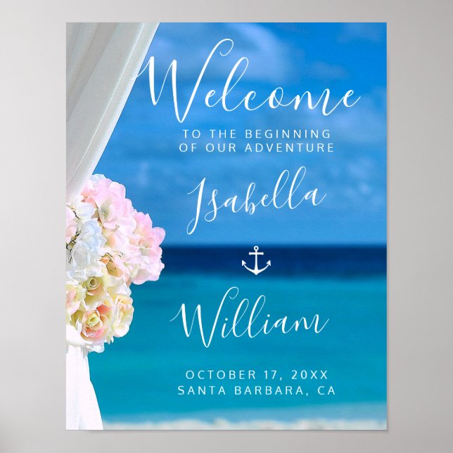 Affiche Floral moderne Blue Ocean Beach Mariage (Devant)