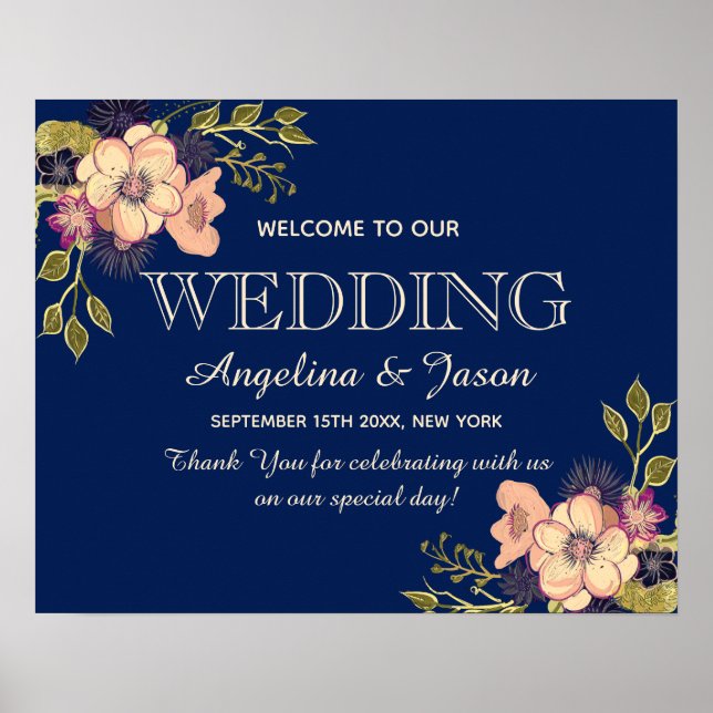 Affiche Floral Navy Blue Welcome Mariage (Devant)