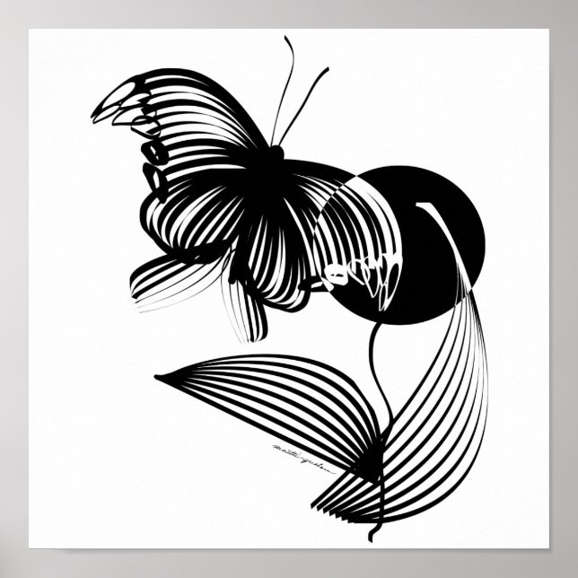 Affiche Floral noir et blanc avec papillon (Devant)