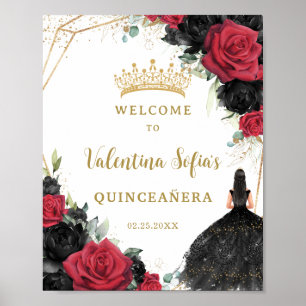 Affiche Floral noir et rouge Princesse Quinceañera Bienven