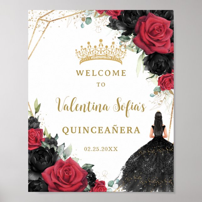 Affiche Floral noir et rouge Princesse Quinceañera Bienven (Devant)
