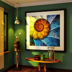 Affiche Floral Orange Bleu Jaune Art Abstrait